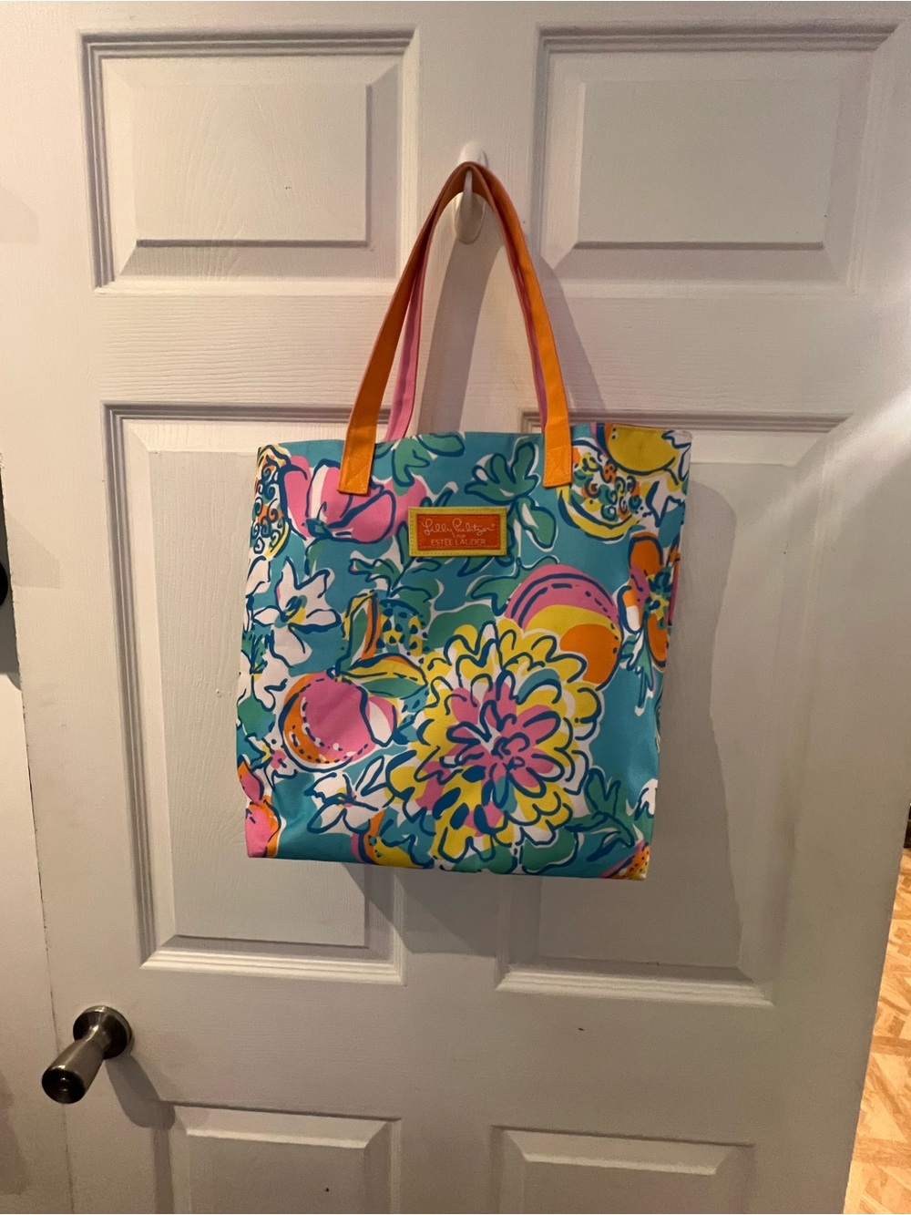 Lilly Pulitzer Teal Floral Tote with Pink, Yellow & Orange Accents